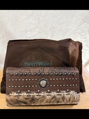 Trinity Ranch Brown Studded Western Wallet with Fur Trim